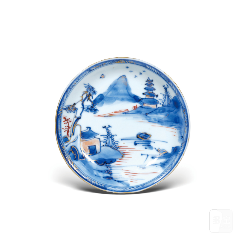 清康熙青花矾红描金山水楼阁纹小碟